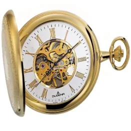 Dugena Herren-Taschenuhr 4460307-1, Savonette, Handaufzugswerk, Gold, skelettiert, mit Acrylglas und römischen Ziffern