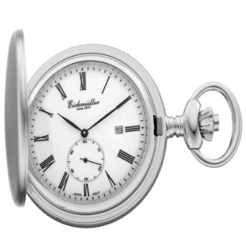 Eichmüller Edelstahl Savonnette Taschenuhr Silber mit dezentraler Sekundenanzeige und Datum