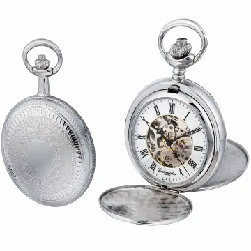 Eichmüller mechanische Edelstahl Skelett Taschenuhr Silber mit Kette und Etui, Handaufzug mit ca. 40 Stunden Gangreserve