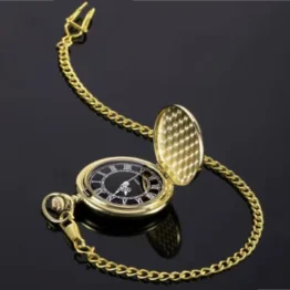 Quartz Pocket Watch Gold for Men with Black Dial and Chain
