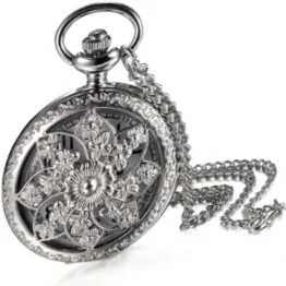 JewelryWe Retro Kamelie Blume Taschenuhr Damen Unisex Analog Quarz Uhr mit Halskette Kette Pocket Watch Geschenk Silber
