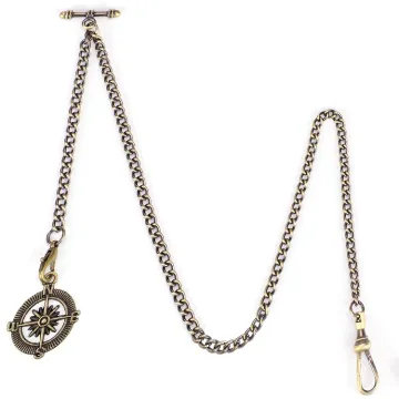 ManChDa Albert Chain Taschenuhr, T-Bar-Kette mit Kompassanhänger, Curb Link Chain 2 Haken Antike Fob T-Bar für Herren (Bronze)