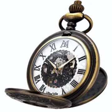 ManChDa® Klassiker Taschenuhr Retro-Zifferblatt mit römischen Ziffern Steampunk Skelett Mechanisch Zarte Bewegung für Männer Frauen mit Kette + Geschenk-Box