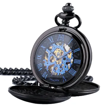 ManChDa® Klassiker Taschenuhr Retro-Zifferblatt mit römischen Ziffern Steampunk Skelett Mechanisch Zarte Bewegung für Männer Frauen mit Kette (Schwarz & Blau) + Geschenk-Box