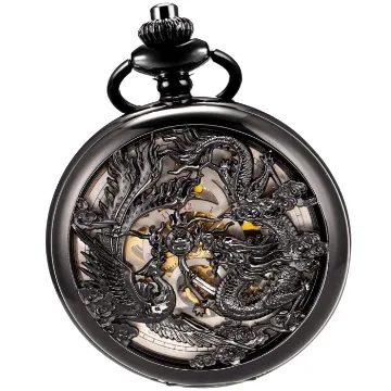 ManChDa Antike mechanische Taschenuhr schwarz, Motiv: Drache & Phoenix (Beste Wünsche) Skelett-Zifferblatt mit Kette für Männer und Frauen + Geschenkbox