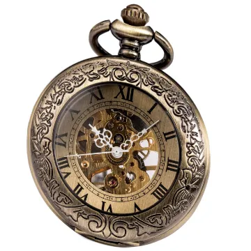 ManChDa Taschenuhr für Herren, spezielle Lupe, mechanisch, Handaufzug, Halbjäger, römische Ziffern, antike Taschenuhr mit Kette + Geschenkbox (Bronze/Schwarz)