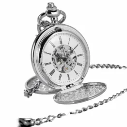 ManChDa Unisex Taschenuhr mit Kette Analog Handaufzug Retro Doppelabdeckungen Skelett Silber Uhrwerk