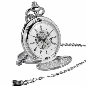 ManChDa Unisex Taschenuhr mit Kette Analog Handaufzug Retro Doppelabdeckungen Skelett Silber Uhrwerk