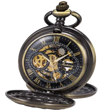 SIBOSUN-Klassisch Vintage Mechanische Taschenuhr Bronze graviertem Skelett-Zifferblatt Feines Uhrwerk mit römischen Ziffern für Damen und Herren, mit Box und Kette