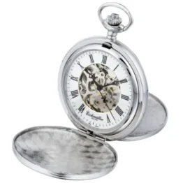 PUREgrey Taschenuhr Doppeldeckel Skelett mechanisch mit Kette und Etui