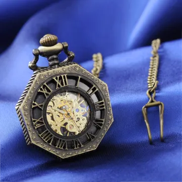 SUPBRO Damen Herren Taschenuhr Hexagon Analog Handaufzug Mechanische Kettenuhr Uhr mit Halskette Pullover Kette Bronze