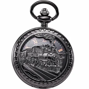 TREEWETO Antique Mens Pocket Watch Skeleton Mechanical Hollow Bronze Case 3D Steam Train Railroad Roman Numerals