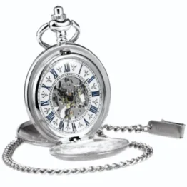 TREEWETO Taschenuhr mit Kette Herren Analog Handaufzug Doppelscharnier Antik Skelett Römische Ziffern Silber