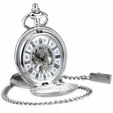 TREEWETO Taschenuhr mit Kette Herren Analog Handaufzug Doppelscharnier Antik Skelett Römische Ziffern Silber