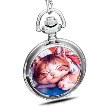 Unendlich U Luxus Schmelz faul Katzen/Kitty/Kitten mit groß Quarz Taschenuhr Halskette und Lange Kette für Damen/Herren/Mädchen/Junge/Kinder